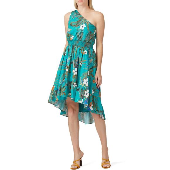 SLATE & WILLOW Floral Smocked Waist Hi Lo One Shoulder Dress Green Size 12 - Picture 5 of 6